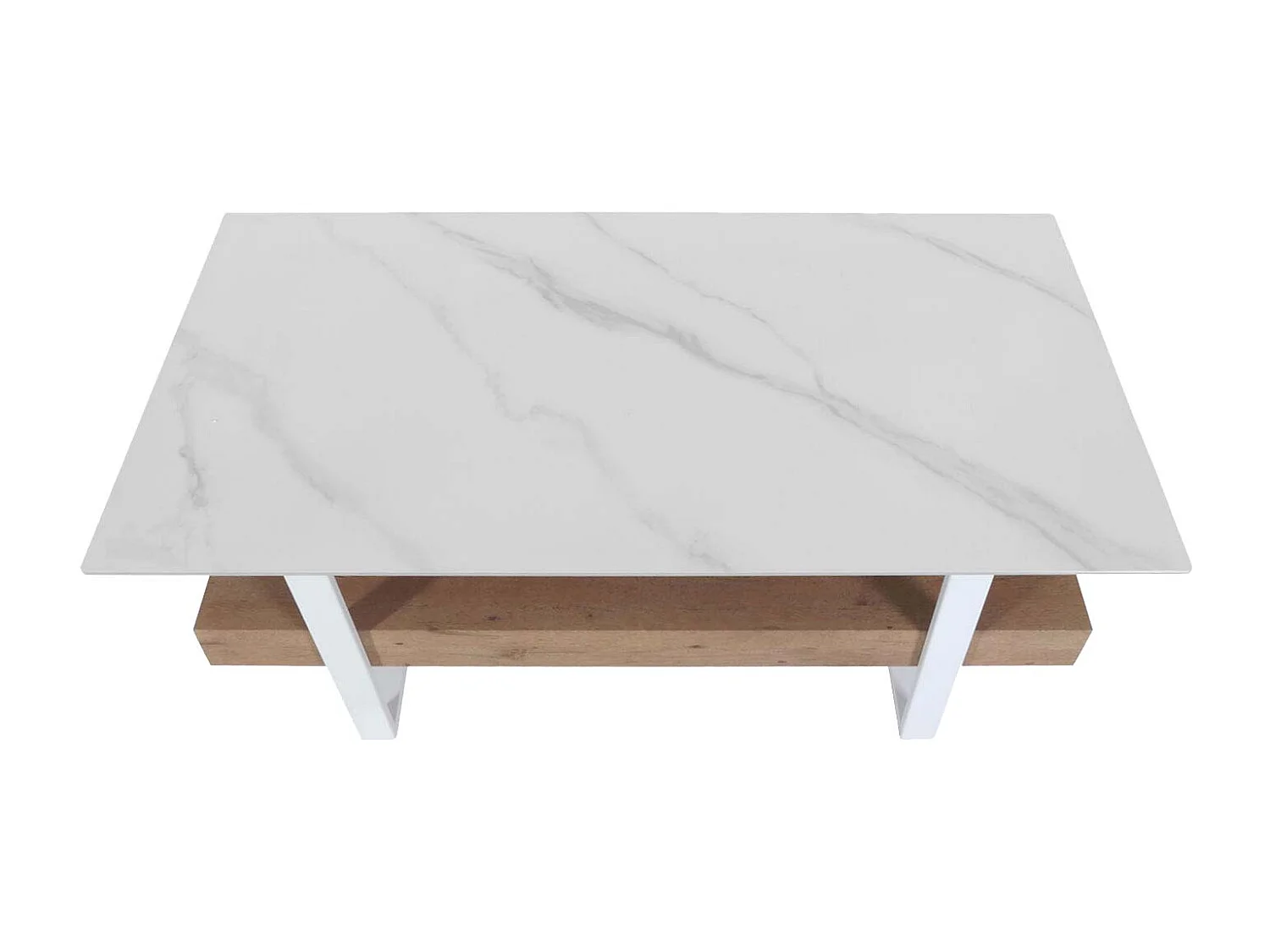 Tavolino salotto divano MCW-L88 43x120x60cm pietra sinterizzata MDF gambe bianche legno chiaro effetto marmo bianco