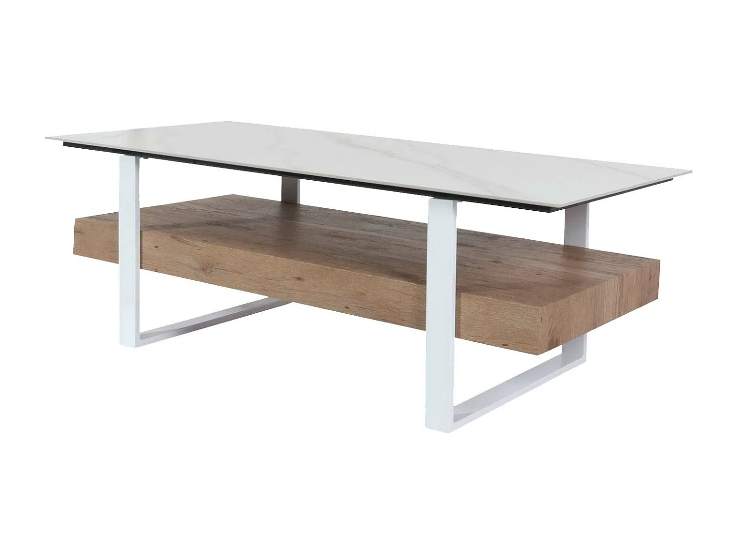 Tavolino salotto divano MCW-L88 43x120x60cm pietra sinterizzata MDF gambe bianche legno chiaro effetto marmo bianco