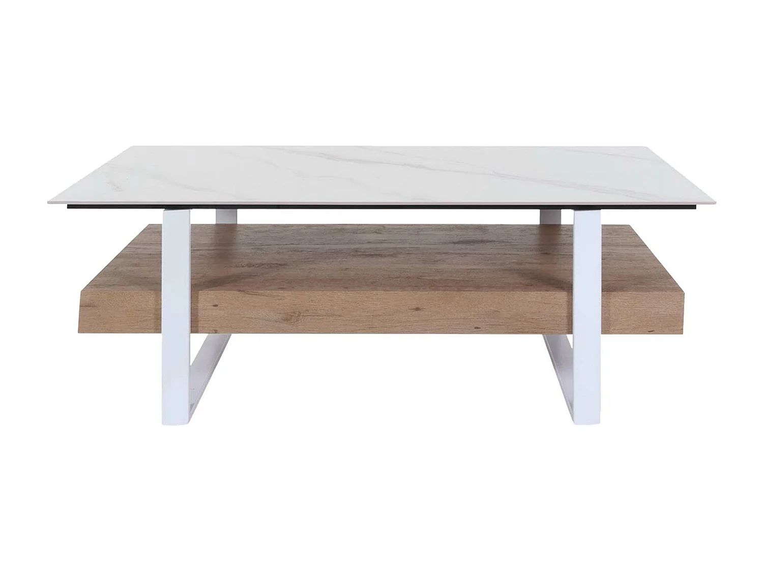 Tavolino salotto divano MCW-L88 43x120x60cm pietra sinterizzata MDF gambe bianche legno chiaro effetto marmo bianco