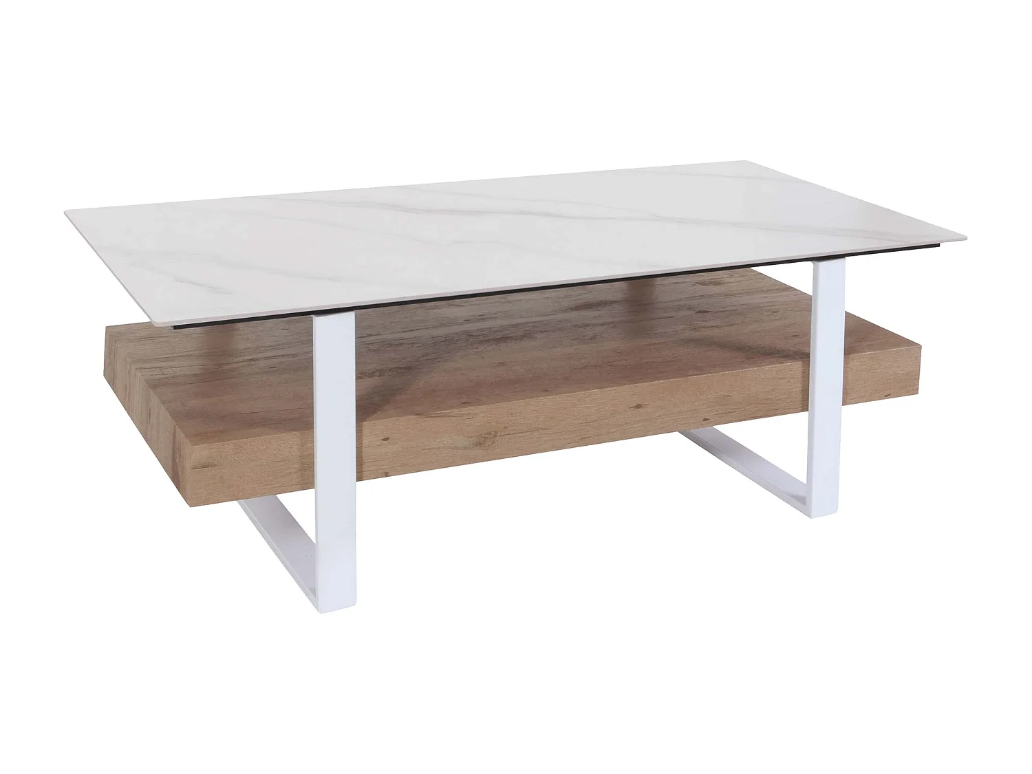 Couchtisch MCW-L88, Wohnzimmertisch Tisch, Ablage Eisen 43x120x60cm Sinterstein Marmor-Optik weiß Holz natur