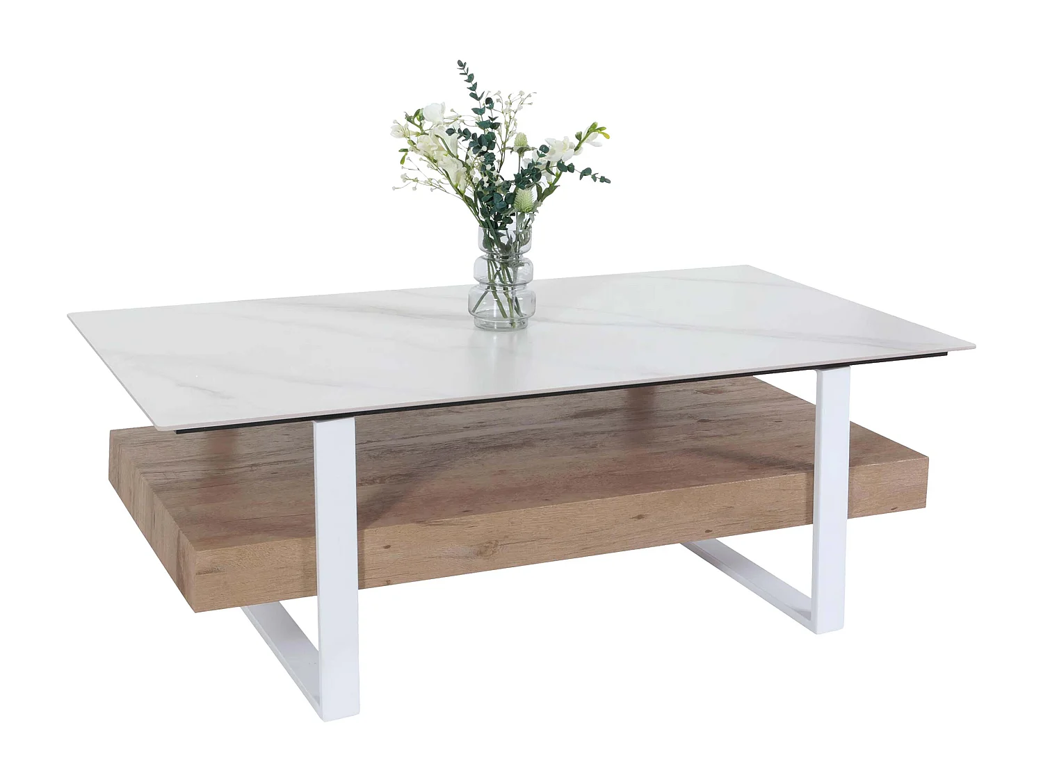 Couchtisch MCW-L88, Wohnzimmertisch Tisch, Ablage Eisen 43x120x60cm Sinterstein Marmor-Optik weiß Holz natur