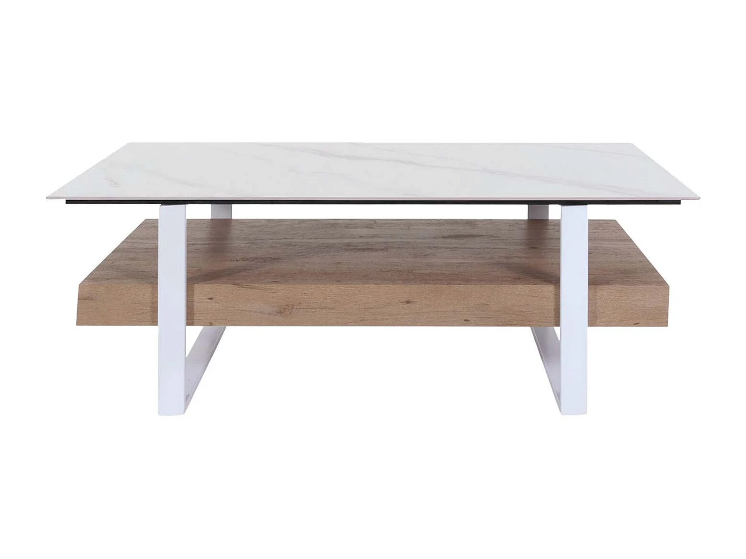 Couchtisch MCW-L88, Wohnzimmertisch Tisch, Ablage Eisen 43x120x60cm Sinterstein Marmor-Optik weiß Holz natur