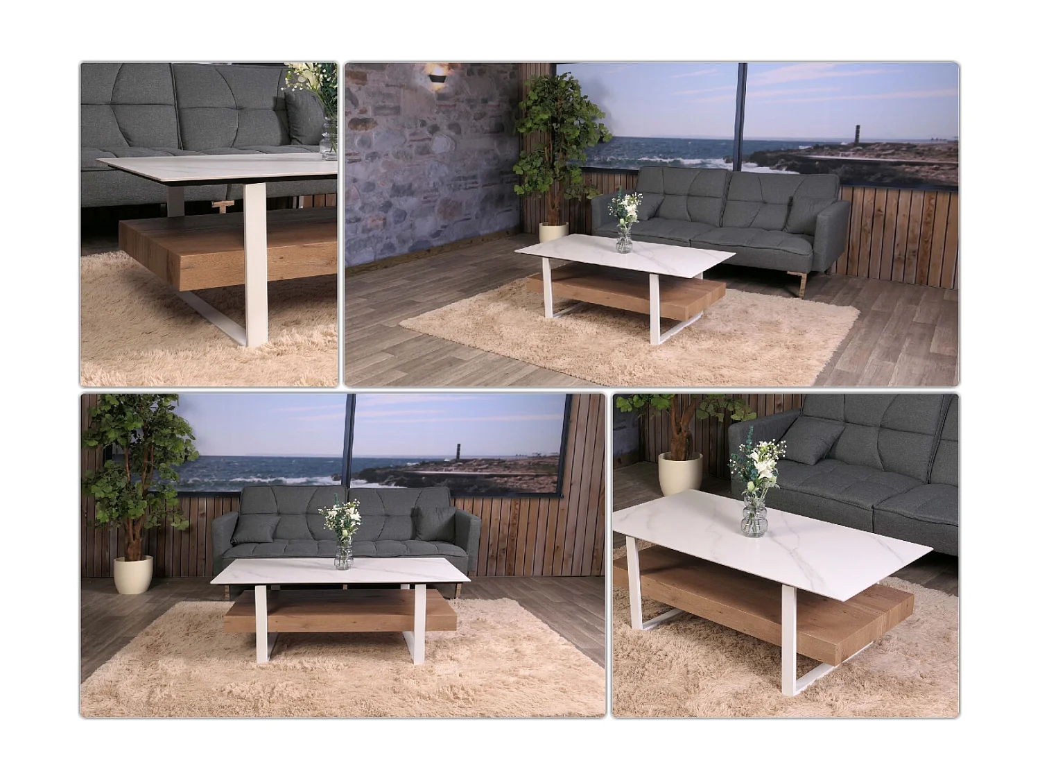 Couchtisch MCW-L88, Wohnzimmertisch Tisch, Ablage Eisen 43x120x60cm Sinterstein Marmor-Optik weiß Holz natur