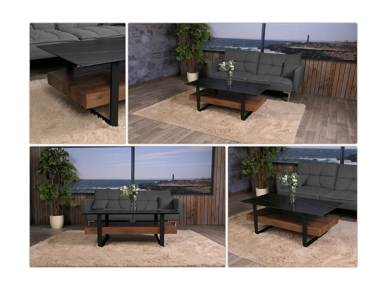 Tavolino salotto divano MCW-L88 43x120x60cm pietra sinterizzata MDF gambe nere legno scuro effetto marmo marrone