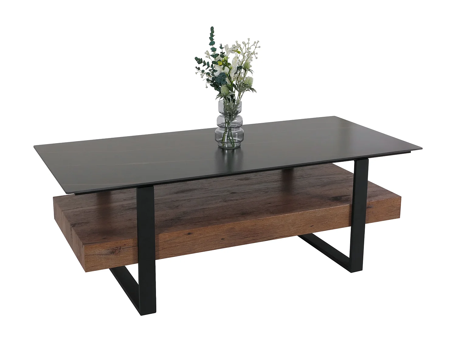 Couchtisch MCW-L88, Wohnzimmertisch Tisch, Ablage Eisen 43x120x60cm Sinterstein Marmor-Optik schwarz Holz dunkelbraun