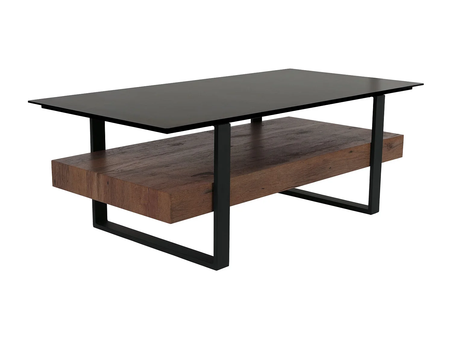 Couchtisch MCW-L88, Wohnzimmertisch Tisch, Ablage Eisen 43x120x60cm Sinterstein Marmor-Optik schwarz Holz dunkelbraun