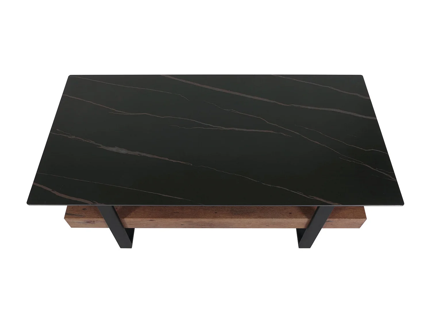 Couchtisch MCW-L88, Wohnzimmertisch Tisch, Ablage Eisen 43x120x60cm Sinterstein Marmor-Optik schwarz Holz dunkelbraun