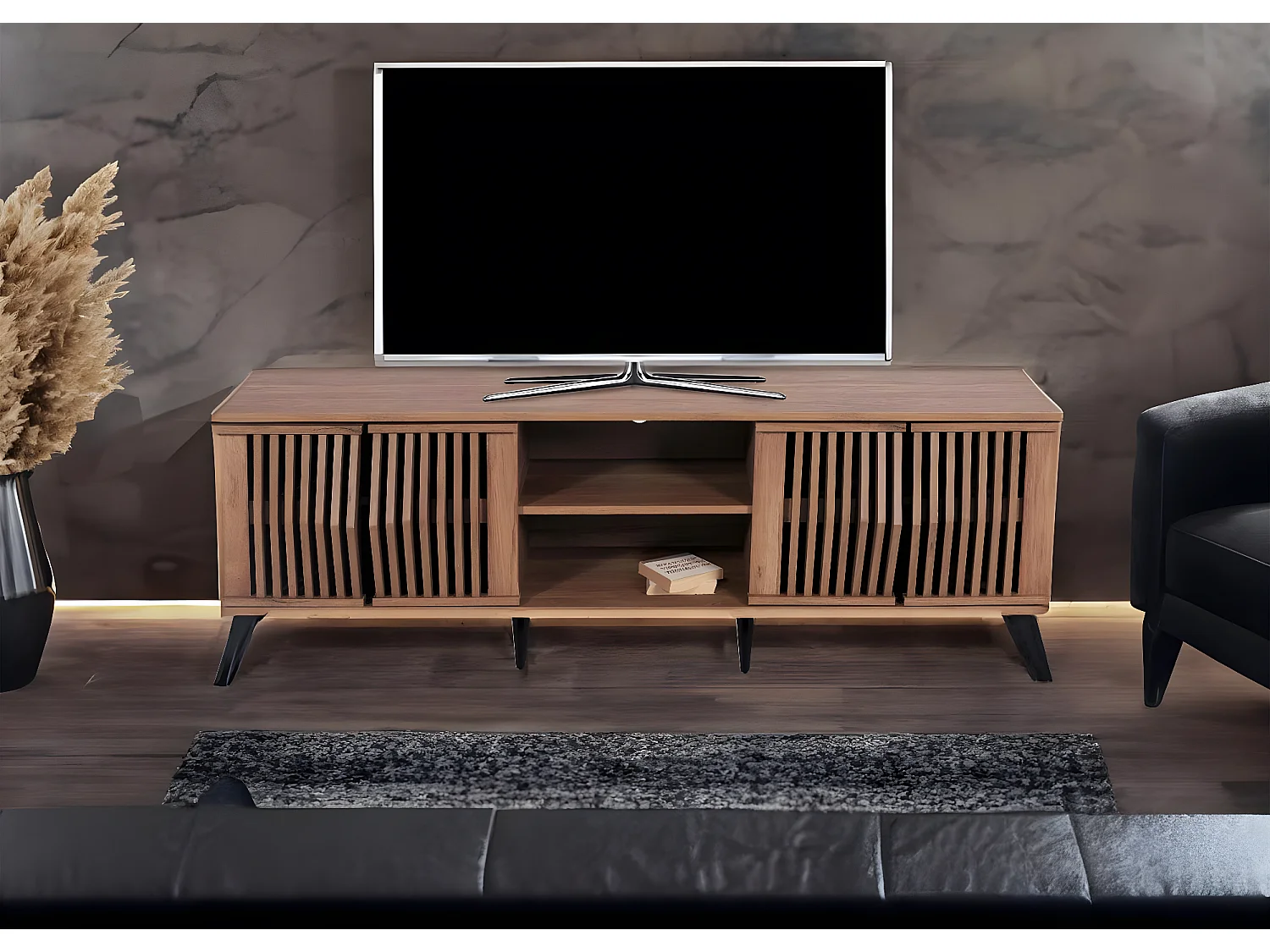 Porta TV lowboard mobile salotto MCW-M45 55x166x41cm legno effetto 3D marrone
