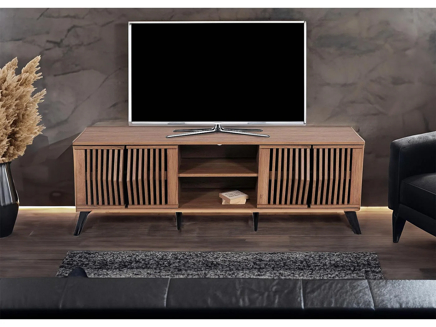 TV-Rack MCW-M45, Fernsehtisch Lowboard Schrank, 3D-Design Staufächer 55x166x41cm, braun