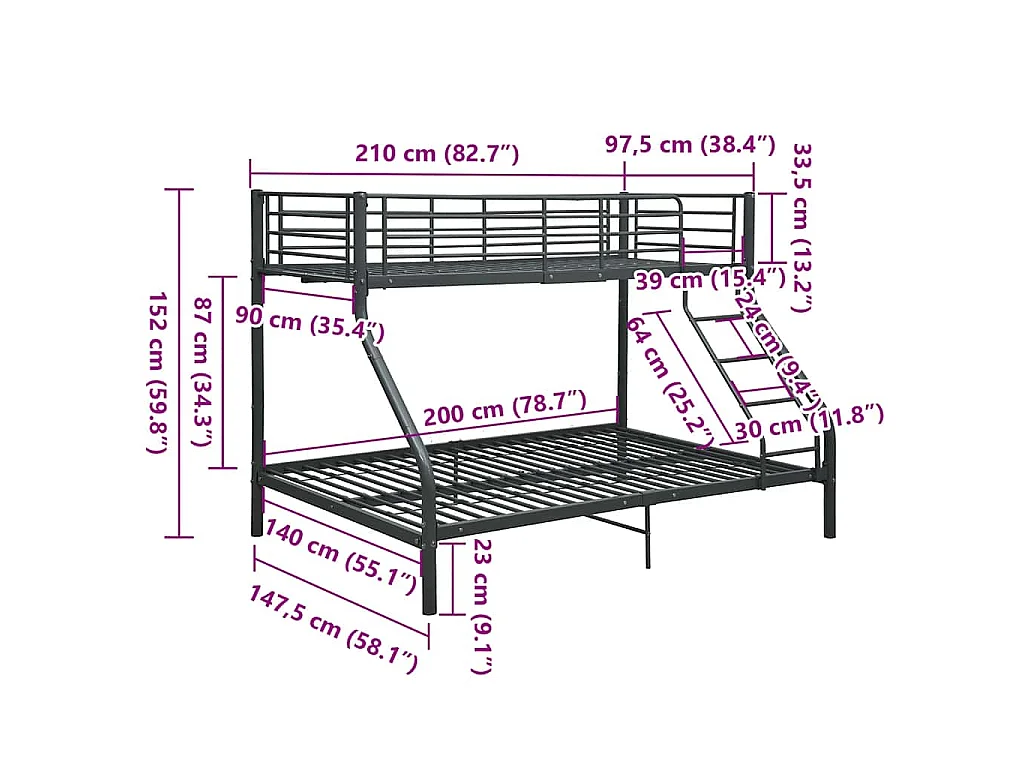 Cadre de lit superposé sans matelas noir 140x200 cm/90x200 cm
