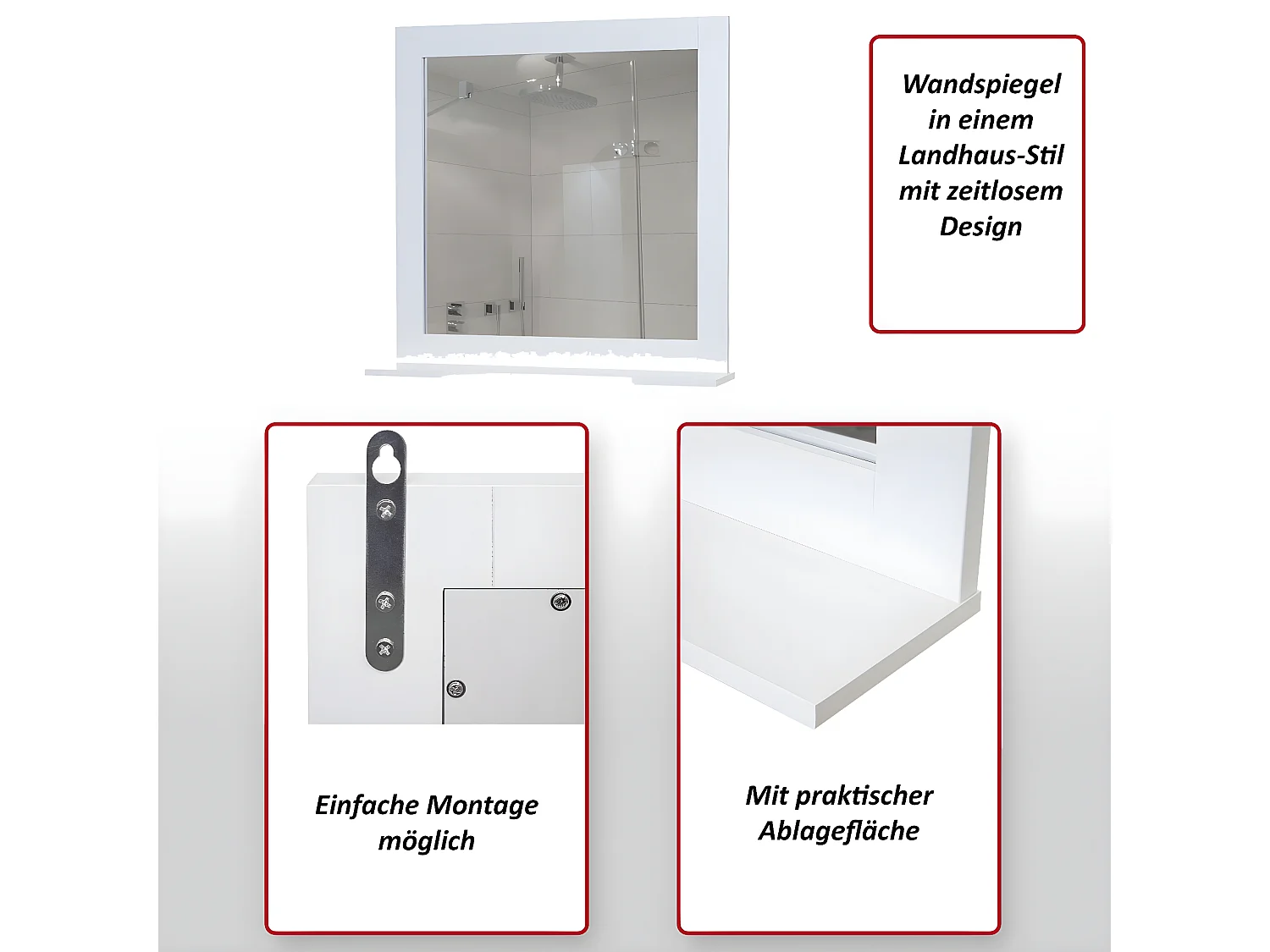 Arredo bagno serie MCW-F75 MDF bianco 12x59x58cm specchio a muro