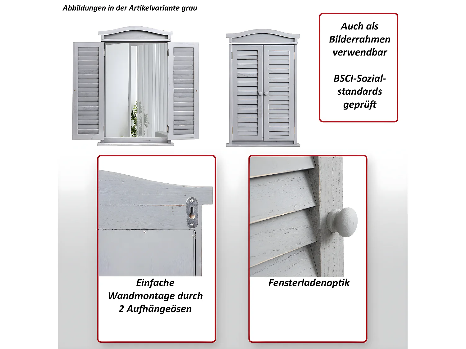 Wandspiegel mit Fensterläden, Shabby braun