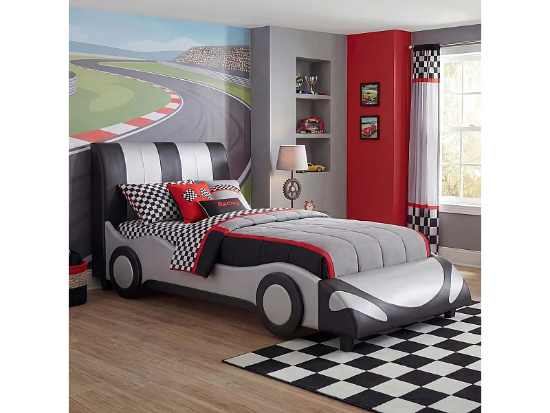 Letto per bambini Car MCW-E14 legno ecopelle nero e grigio