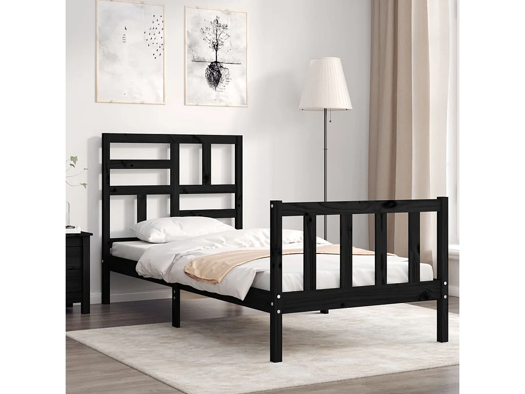 Estrutura de cama com cabeceira 100x200 cm madeira maciça preto