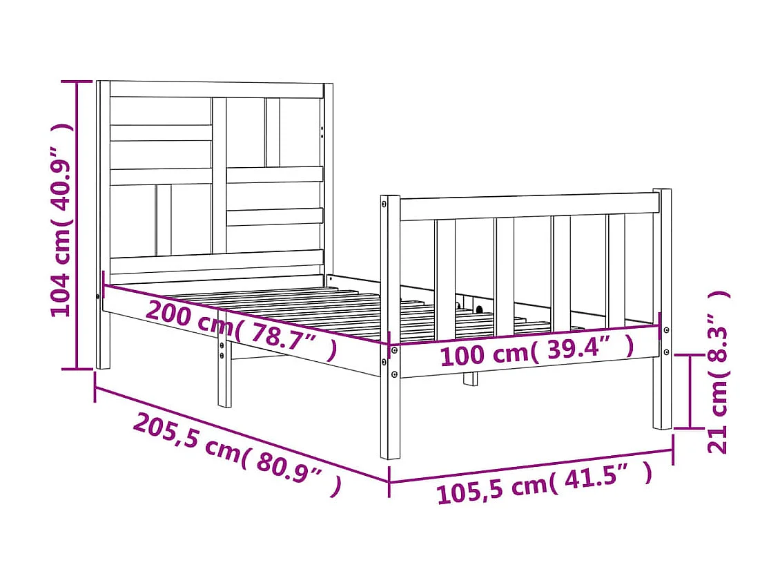 Estrutura de cama com cabeceira 100x200 cm madeira maciça preto