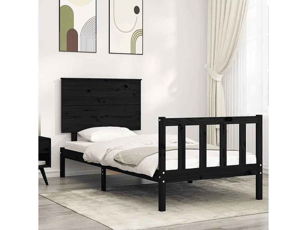 Estrutura cama de solteiro c/ cabeceira madeira maciça preto