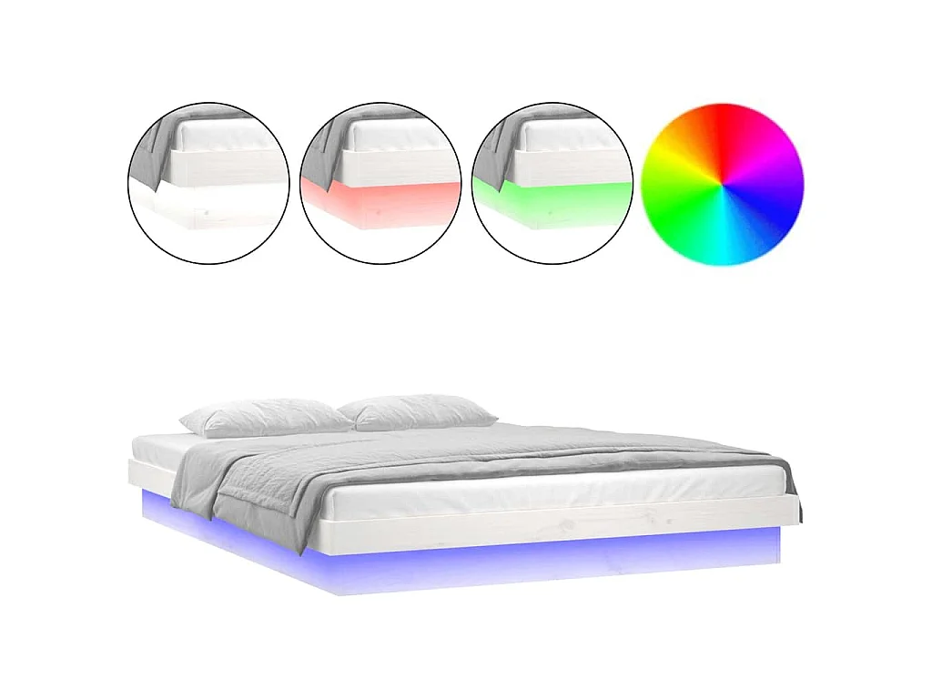 Cadre de lit à LED sans matelas blanc bois massif