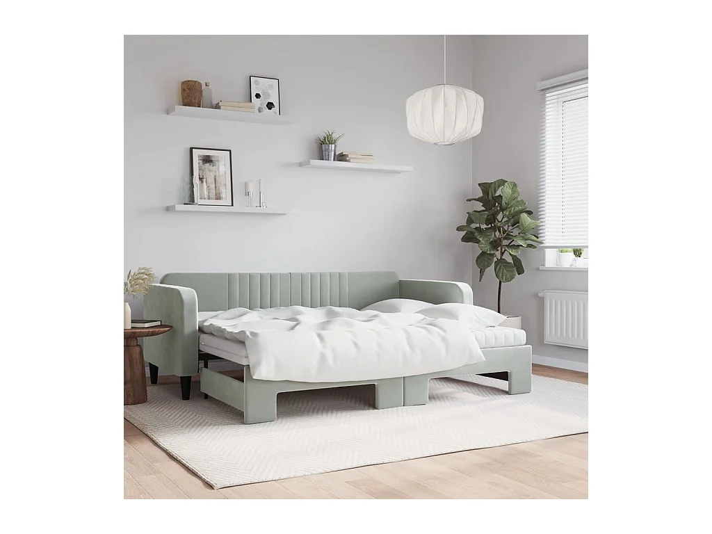 Lit de jour avec gigogne et matelas gris clair 80x200cm velours