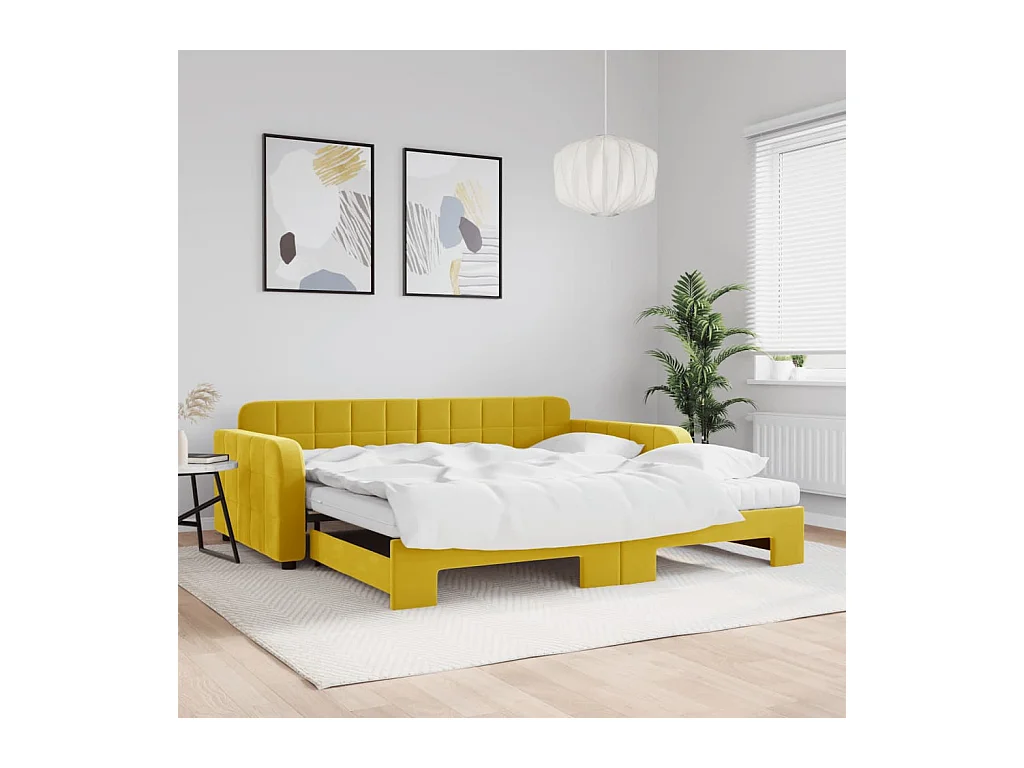 Lit de jour avec gigogne et matelas jaune 100x200 cm velours