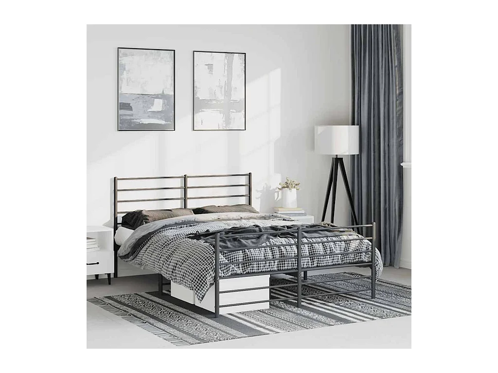 Cadre de lit métal sans matelas avec pied de lit noir 135x190cm