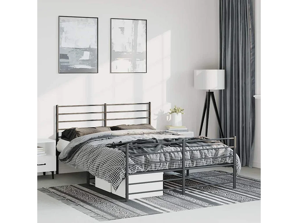 Cadre de lit métal sans matelas avec pied de lit noir 135x190cm