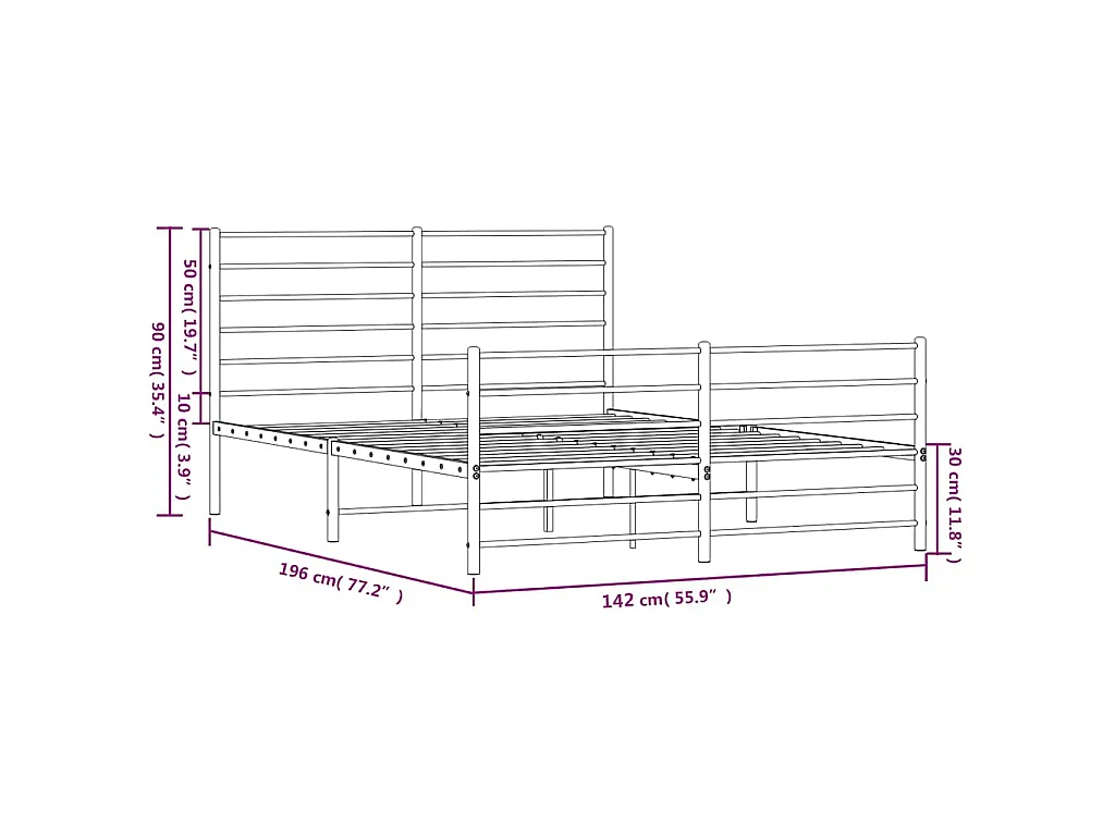 Cadre de lit métal sans matelas avec pied de lit noir 135x190cm