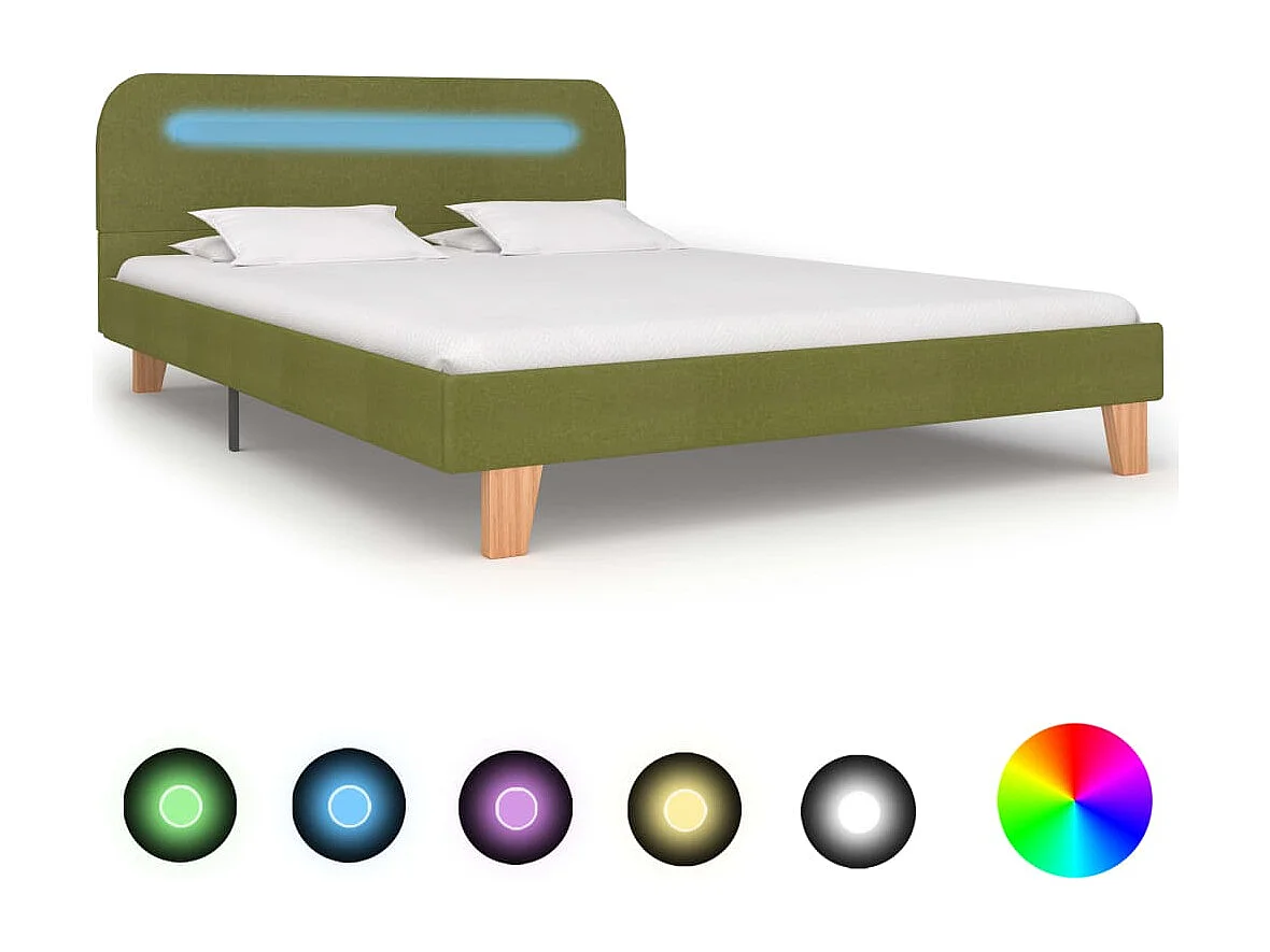 Cadre de lit avec LED sans matelas vert tissu 140x200 cm
