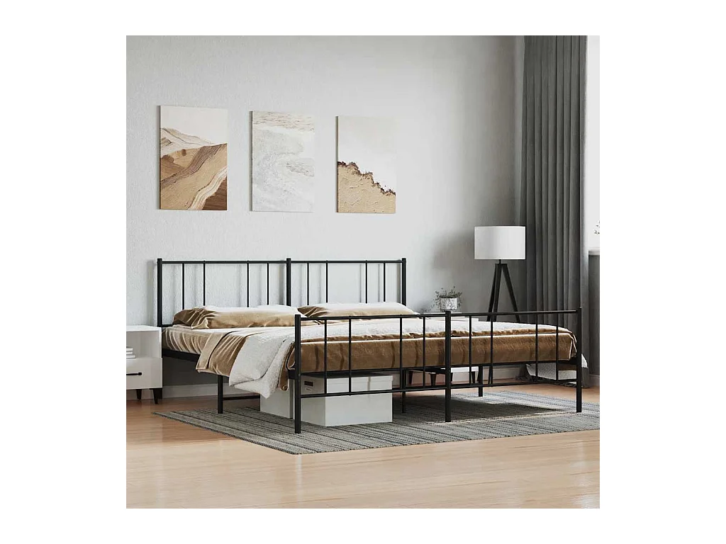 Cadre de lit métal sans matelas avec pied de lit noir 193x203cm