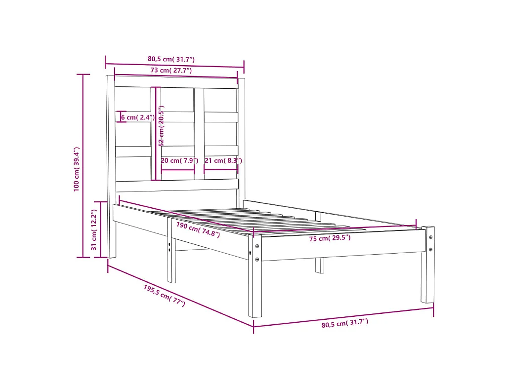 Estrutura cama pequena solteiro 75x190 cm madeira maciça branco