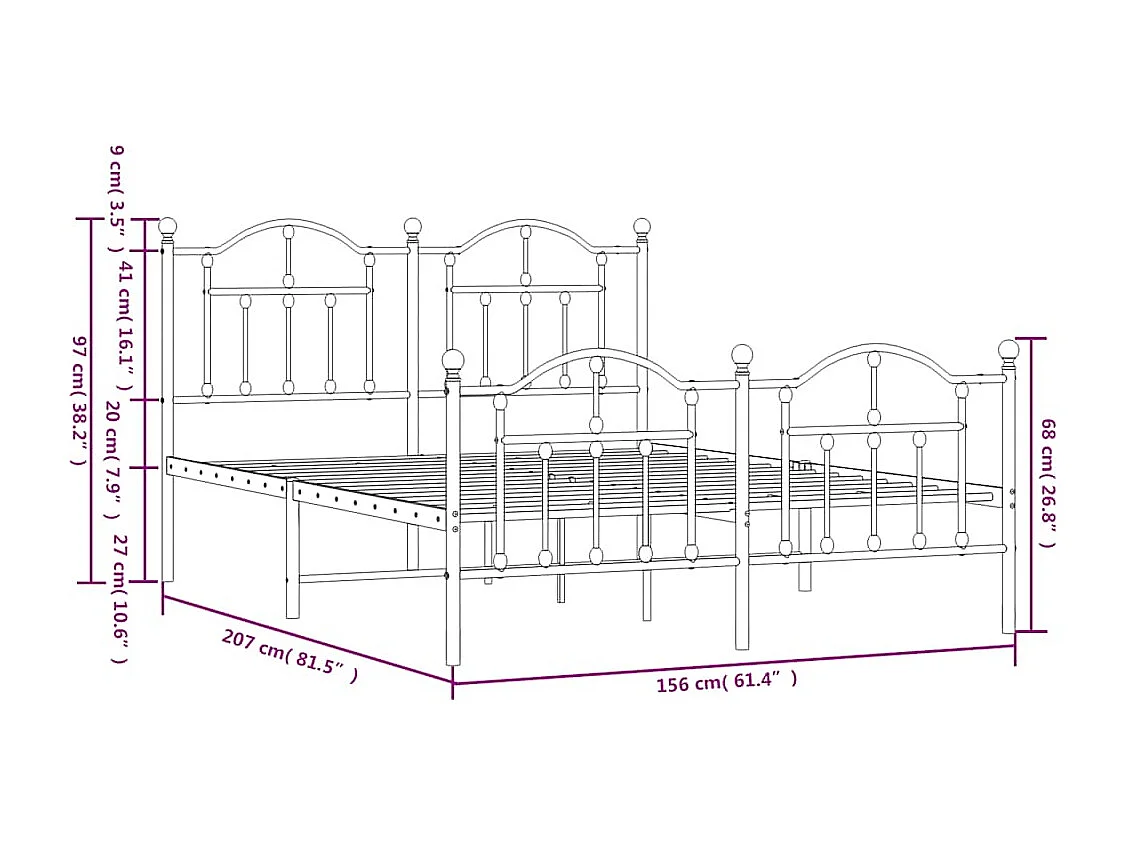 Cadre de lit métal sans matelas avec pied de lit noir 150x200cm