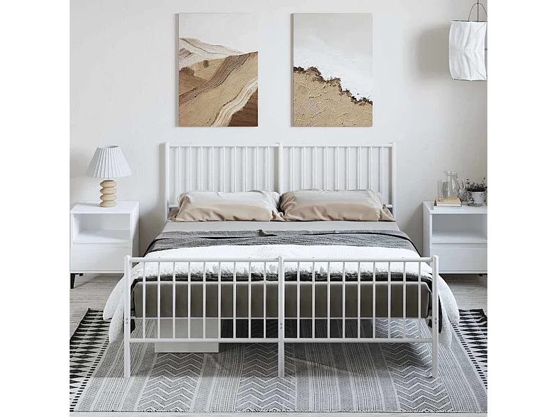 Cadre de lit métal sans matelas et pied de lit blanc 150x200 cm