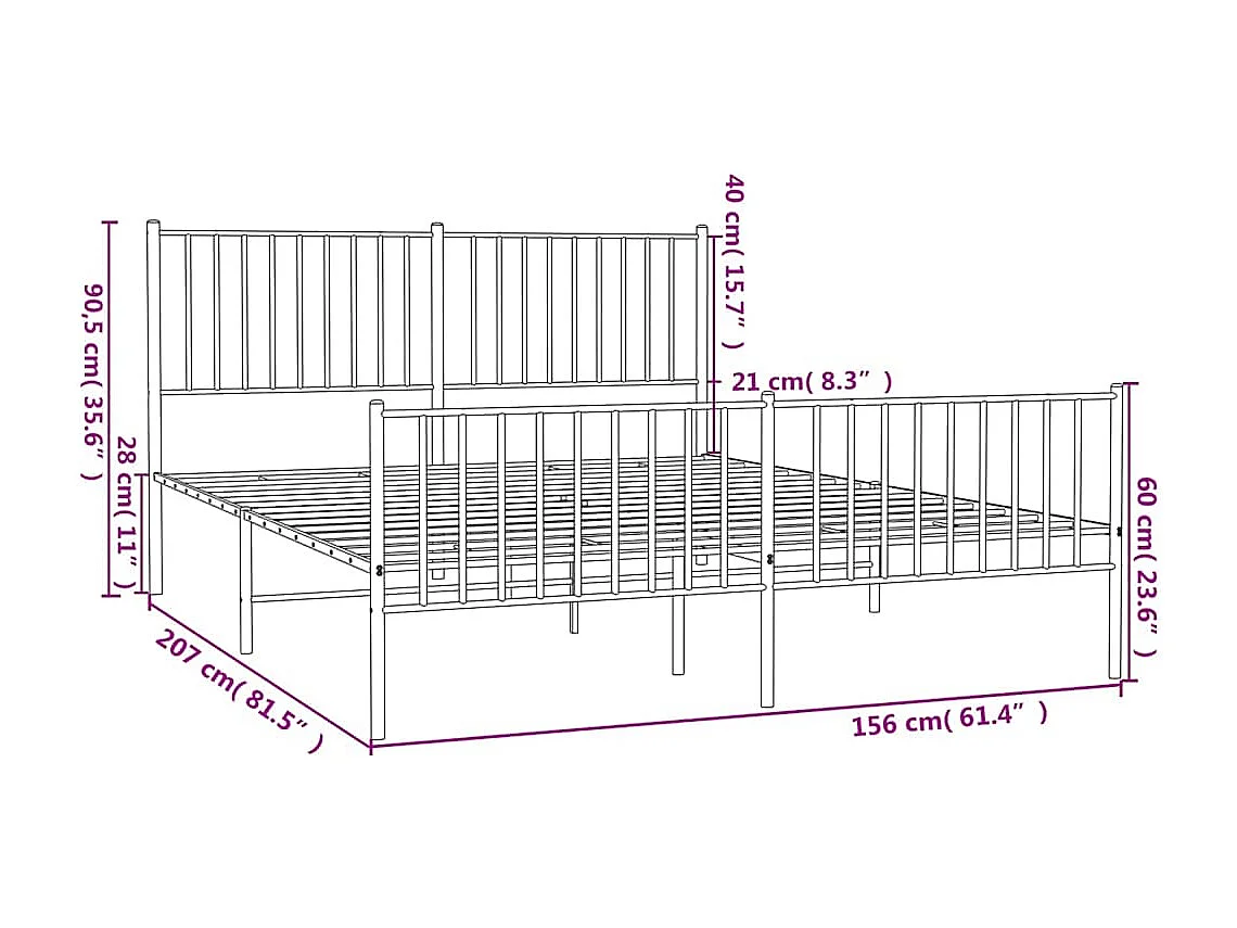 Cadre de lit métal sans matelas et pied de lit blanc 150x200 cm