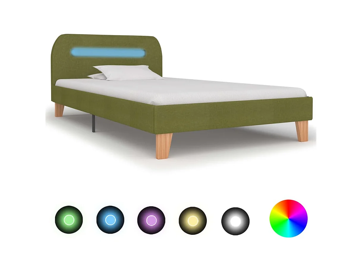 Cadre de lit avec LED sans matelas vert tissu 90x200 cm
