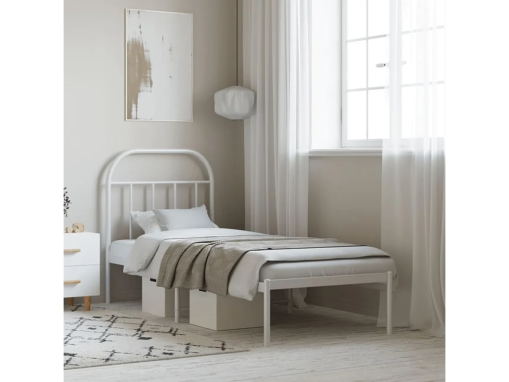 Cadre de lit métal sans matelas avec tête de lit blanc 75x190cm