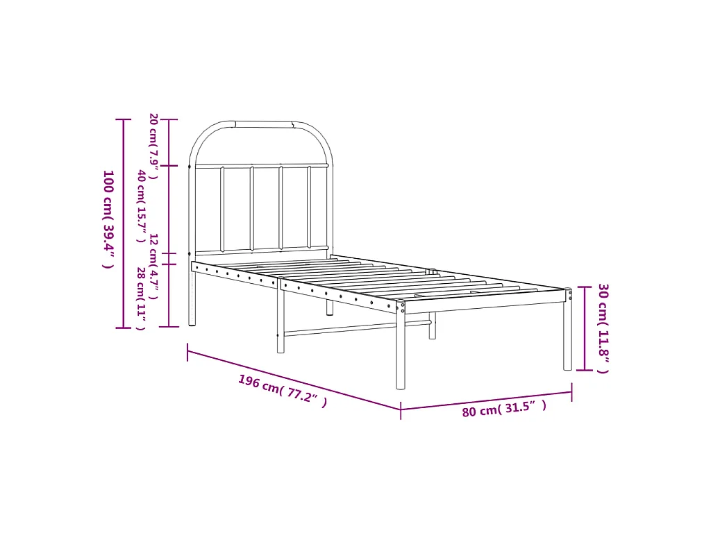 Cadre de lit métal sans matelas avec tête de lit blanc 75x190cm