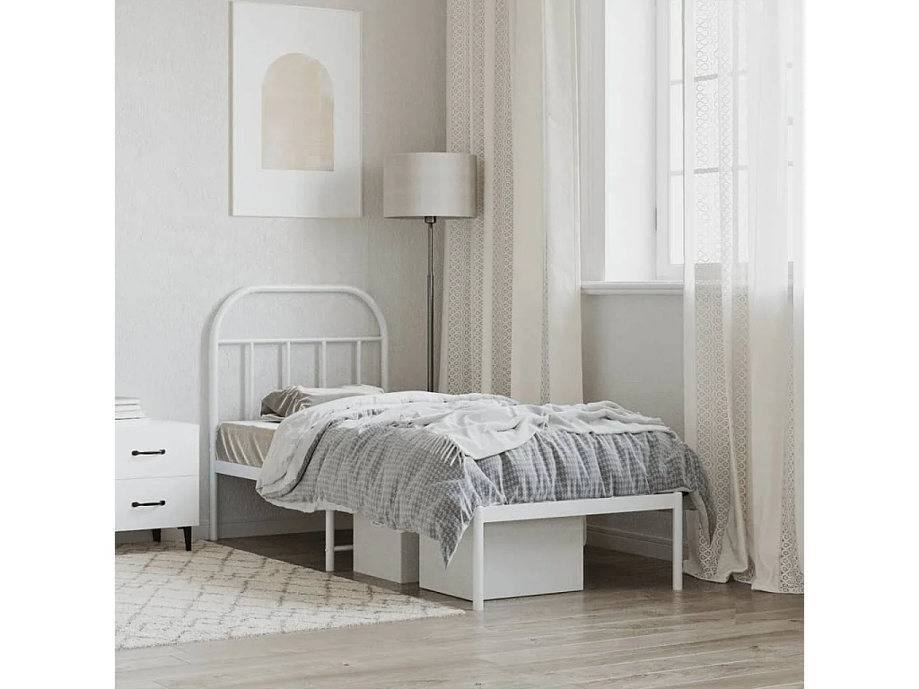 Cadre de lit métal sans matelas avec tête de lit blanc 75x190cm