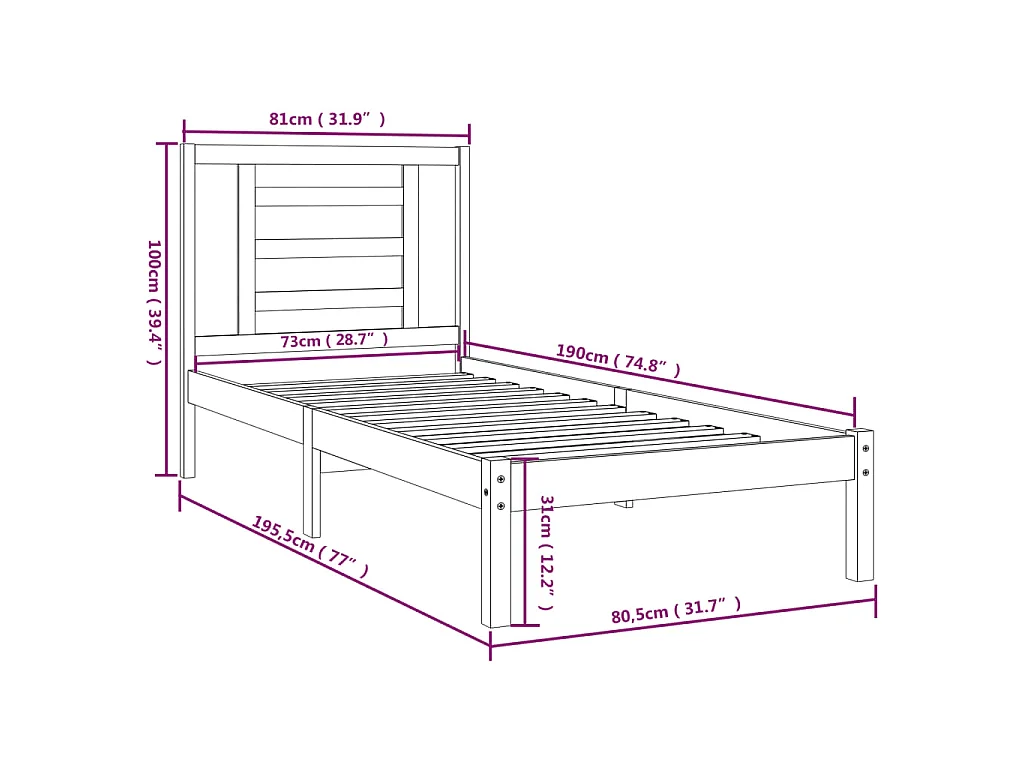 Bedframe massief hout wit 75x190 cm