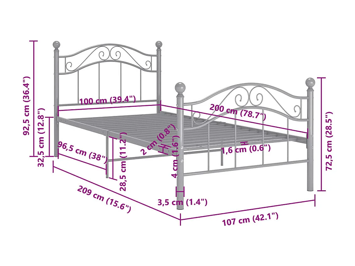 Cadre de lit sans matelas gris métal 100x200 cm