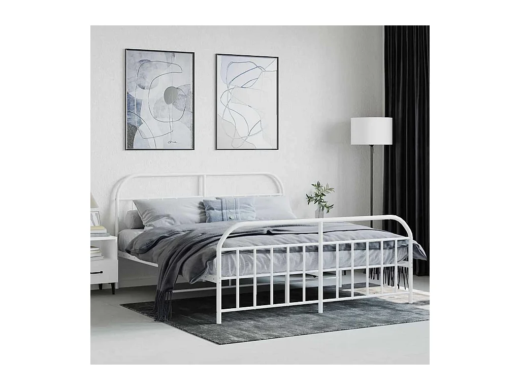 Cadre de lit métal sans matelas et pied de lit blanc 160x200 cm