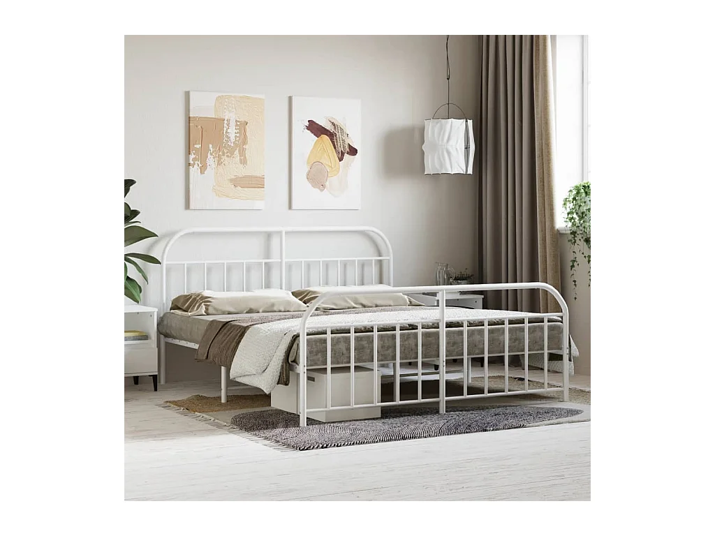 Cadre de lit métal sans matelas et pied de lit blanc 160x200 cm