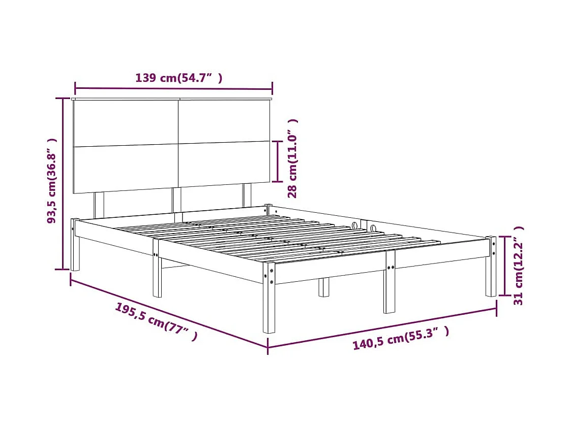 Bedframe massief hout wit 135x190 cm
