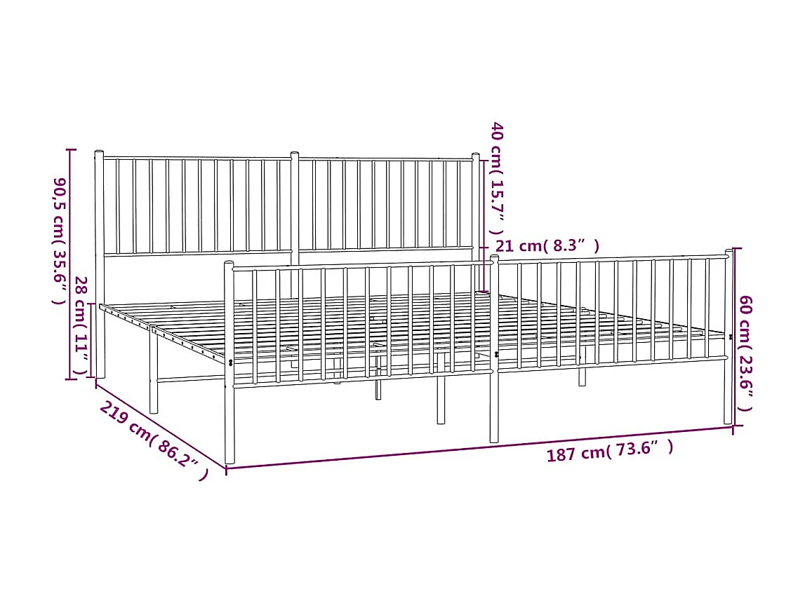 Cadre de lit métal sans matelas et pied de lit blanc 183x213 cm