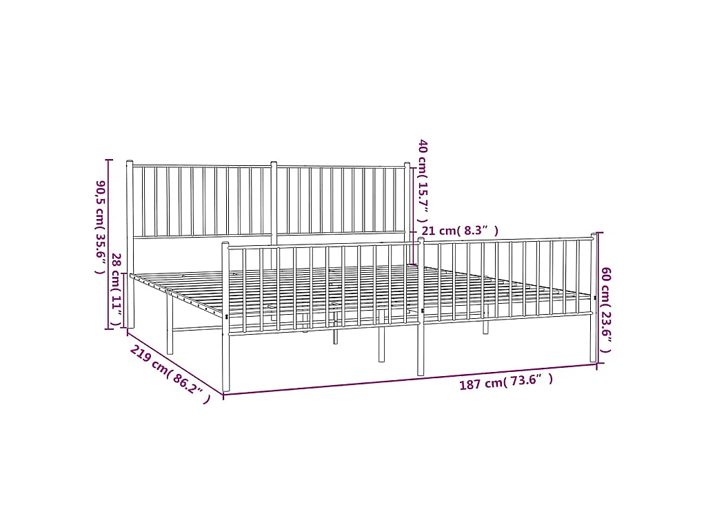Cadre de lit métal sans matelas et pied de lit blanc 183x213 cm