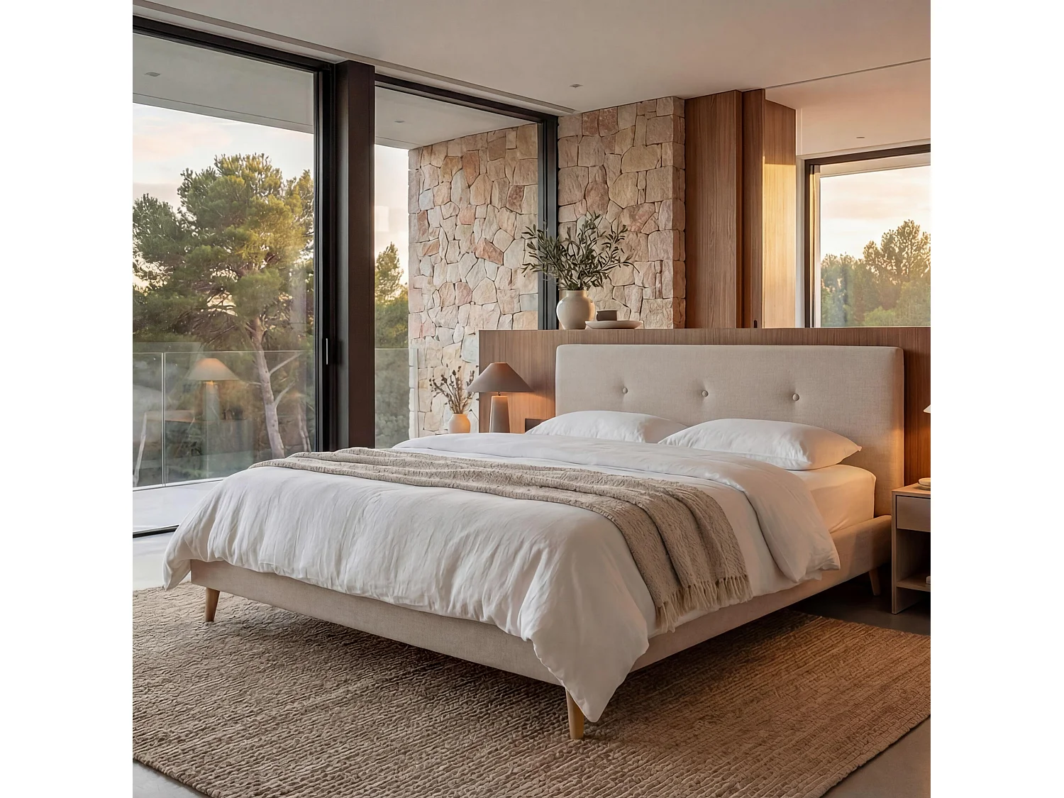 Gestoffeerd bed MCW-J98 + lattenbodem 160 cm,  160x200cm crème-beige