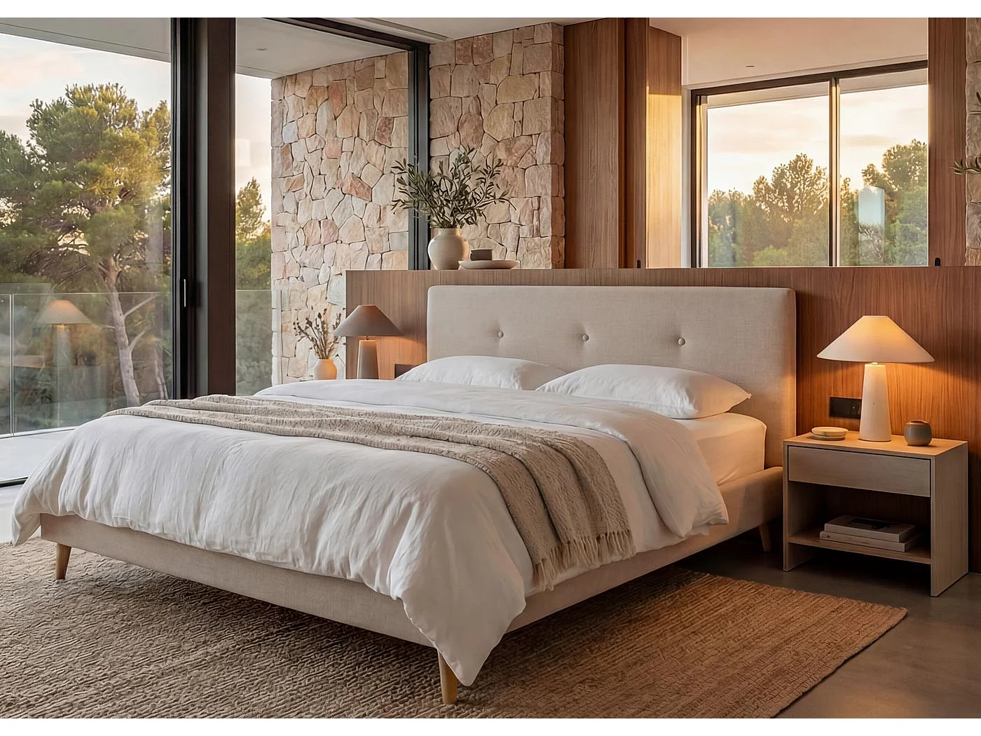 Gestoffeerd bed MCW-J98 + lattenbodem 160 cm,  160x200cm crème-beige