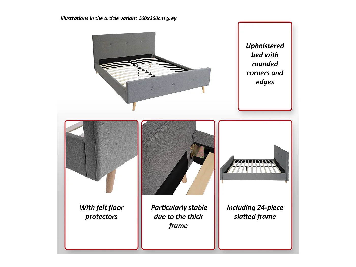 Łóżko tapicerowane MCW-J98 + stelaż listwowy 160cm,  180x200cm szary