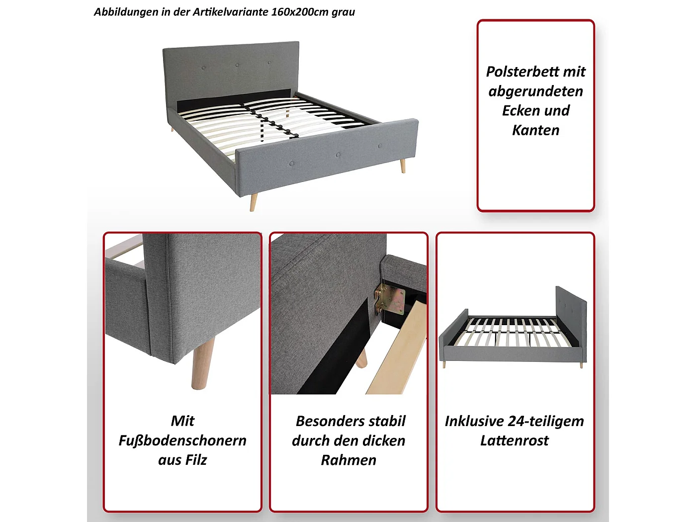 Gestoffeerd bed MCW-J98 + lattenbodem 160cm,  180x200cm crème-beige