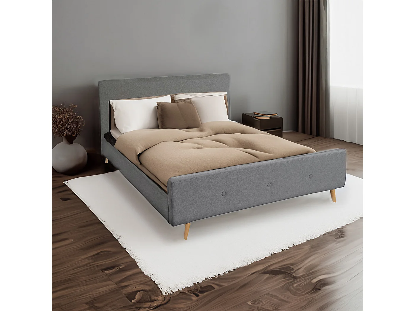 Letto telaio giroletto matrimoniale imbottito con doghe MCW-J98 legno massello 160x200cm grigio