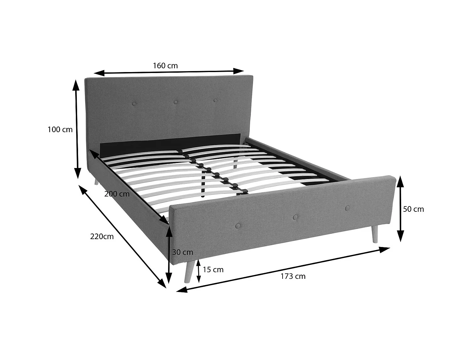 Gestoffeerd bed MCW-J98 + lattenbodem 160cm,  160x200cm grijs