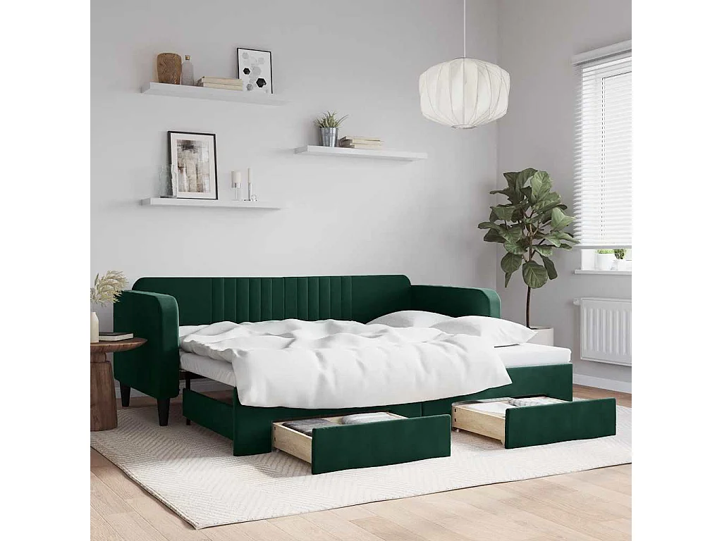 Slaapbank onderschuifbed en lades 90x200 cm fluweel donkergroen